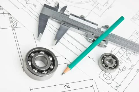 Technical drawing and bearing 스톡 사진