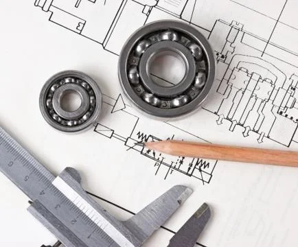 Technical drawing and callipers 스톡 사진