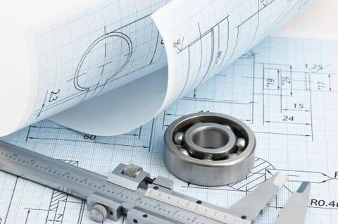 Technical drawing and callipers Stock Photos
