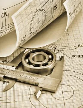 Technical drawing and callipers Foto stock