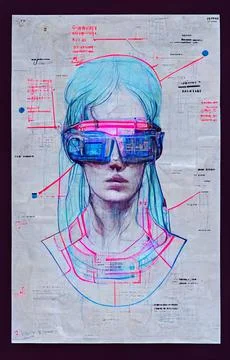 Technical drawing of augmented reality cyberpunk glasses on a girl's face Stock Illustration