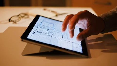 Technical drawing blueprint on touch screen computer Stock Footage 93623236