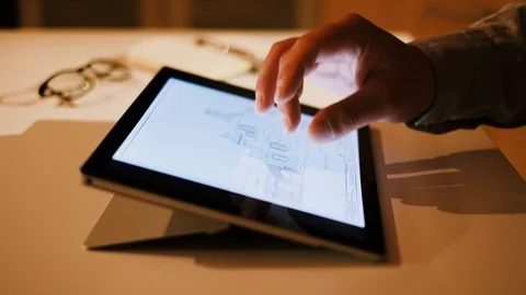 Technical drawing blueprint on touch screen computer Stock Footage 93623358