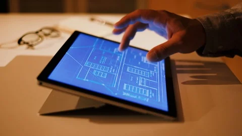 Technical drawing blueprint on touch screen computer Stock Footage 93623410