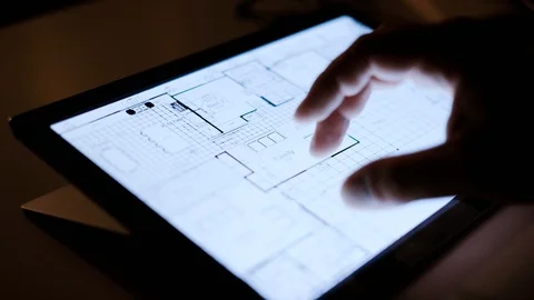 Technical drawing blueprint on touch screen computer Stock Footage 93623477