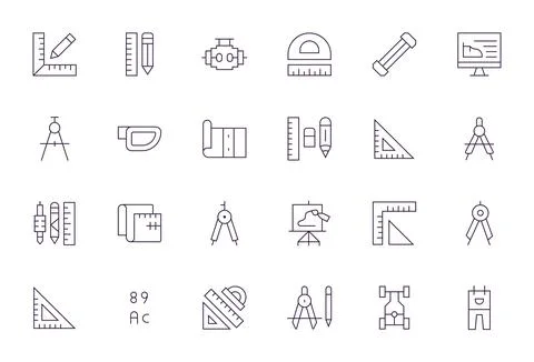 Technical Drawing Detail Enhanced Vector Set with 24 64x64 Thin Line Icons Stock Illustration