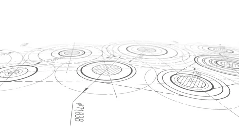 Technical drawing of gears .Rotating mechanism of round parts . Stock Footage 194494857