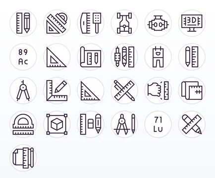 Technical Drawing including 25 256x256 Regular Line Vector Illustrations Stock-Illustration
