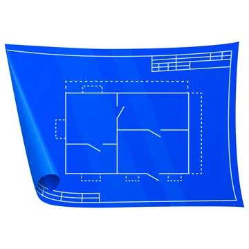 Technical drawing. Nice new drawing of blue drawing paper with house drawing. Stock Illustration