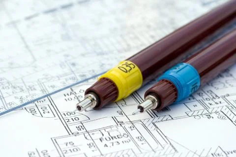Technical drawing pens on a floor plan Foto stock
