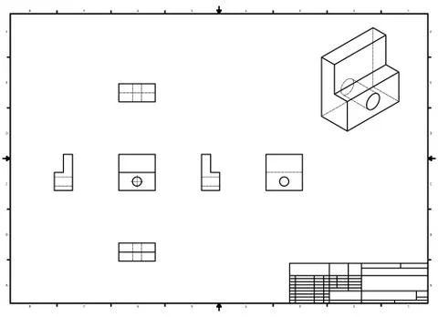 Technical Drawing with perspective and orthogonal views with stamp Stock Illustration