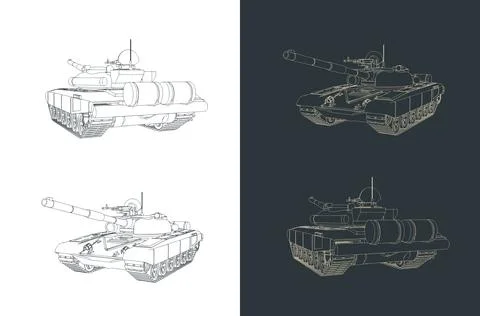Technical drawing of a Soviet main battle tank t-72 illustrations 库存插图
