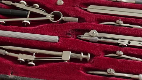 Technical Drawing Tools in Special Dark Red Velvet Case Stock Footage 203913068