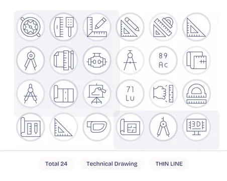 Technical Drawing Visual Pack containing 24 Thin Line Pixel Optimized Vecto.. Stock Illustration