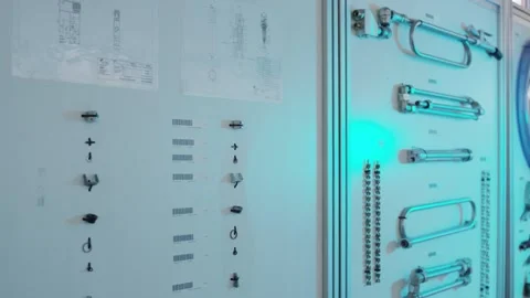 Technical Drawings and Metal Components in Glass Showcase, Wide Shot Vídeo Stock 340359024