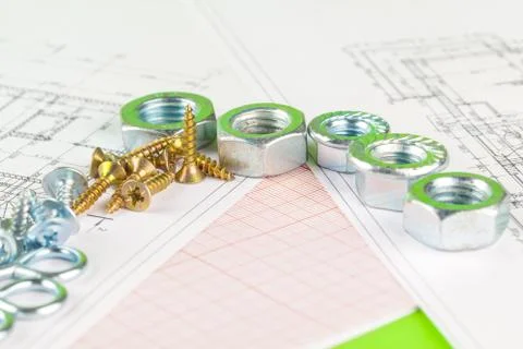 Technical drawings of bolt and nut. Engineering, technology and metalworking Foto stock