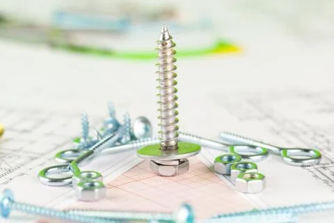 Technical drawings of bolt and nut. Engineering, technology and metalworking Stockfoto's