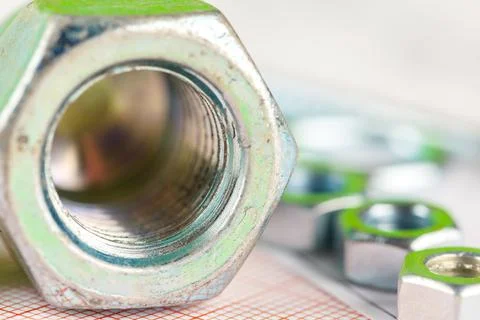 Technical drawings of bolt and nut. Engineering, technology and metalworking Stockfoto's