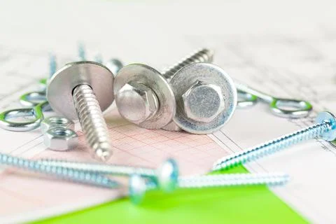 Technical drawings of bolt and nut. Engineering, technology and metalworking 写真素材