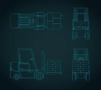 Technical drawings of a forklift with cargo Stock Illustration