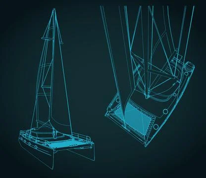 Technical drawings of luxury sailing catamaran illustrations Stock Illustration