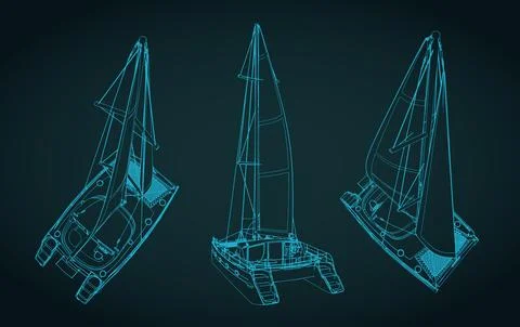 Technical drawings of luxury sailing catamaran set illustrations Stock Illustration