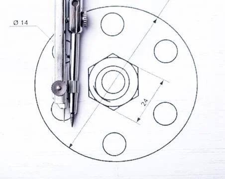Technical drawings. Project by pencil on paper. Drawing detail and drawing tools Foto stock