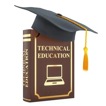 Technical education book with graduation cap. 3D rendering 스톡 일러스트