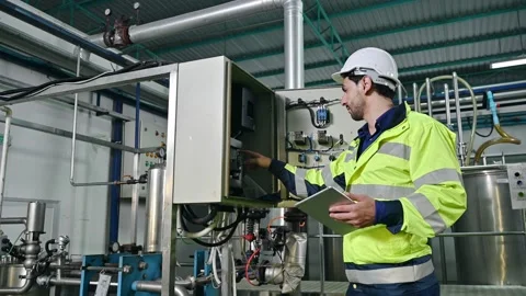 Technical engineer with laptop checking condition of transformer power contro Stock Footage 185529364