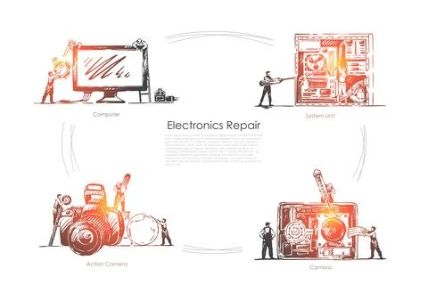 Technical equipment workshop, tiny people fixing computer, system unit and ac Stock Illustration