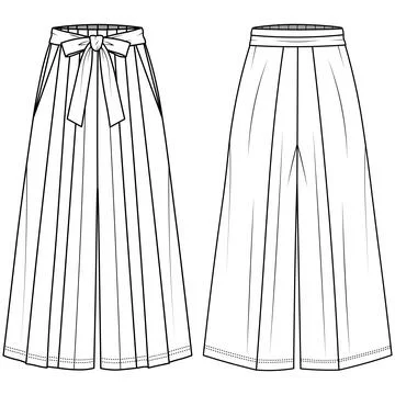 Technical flat CAD drawing of women wide leg pleated trousers featuring a hig Ilustração Stock