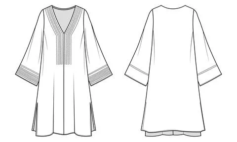Technical flat drawing of a relaxed v-neck kaftan tunic dress with embellishe Ilustração Stock