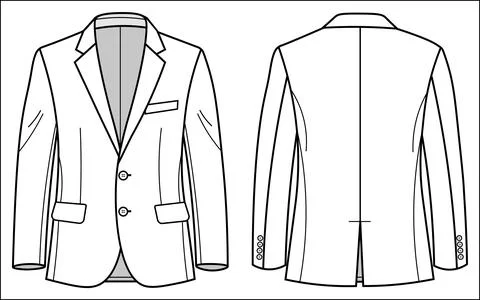 Technical flat sketch of a classic suit jacket, showcasing front and back vie Illustrazione stock