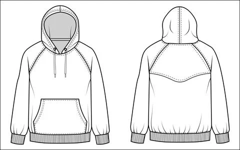Technical flat sketch of a hooded sweatshirt, presented as a Cad Drawing of c Illustrazione stock
