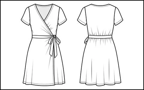 Technical flat sketch of a women's short-sleeved wrap dress, ideal for fashio Illustrazione stock