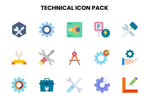 Technical Flat Vector Icons Pack Stock Illustration