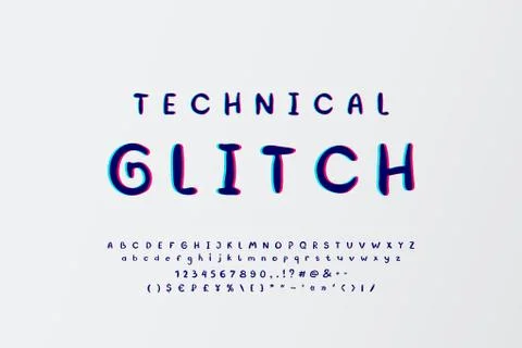 Technical glitch Alphabet. Hand drawn vector typeface with stereo effect. Upp Stock Illustration