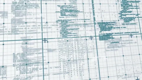 Technical grid layout being animated with shifting teal code, square nodes and Stockbeeldmateriaal 309145054