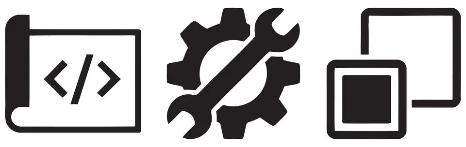 Technical icons representing coding, tools, and interconnected systems Illustrazione stock