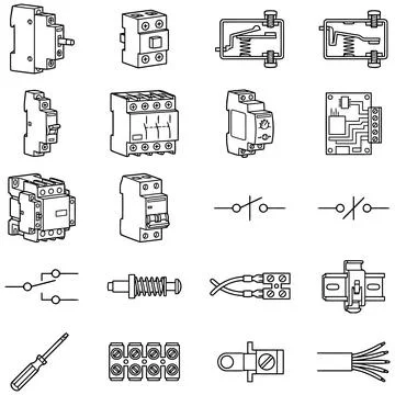 Technical Illustration Showing Various Electrical Components and Industrial.. Illustration