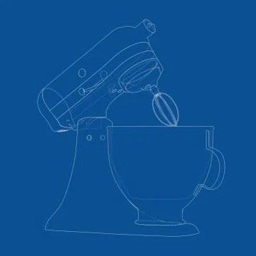 Technical Illustration of Wire-frame Style Kitchen Stand Food Mixer Blueprint Stock Illustration
