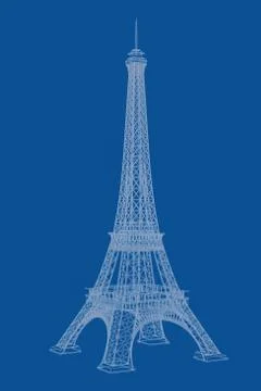 Technical Illustration of Wire-frame Style Eiffel Tower Blueprint. 3d Renderi Stock Illustration