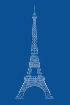 Technical Illustration of Wire-frame Style Eiffel Tower Blueprint. 3d Renderi 스톡 일러스트
