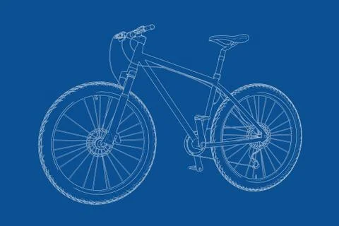 Technical Illustration of Wire-frame Style Bicycle Blueprint. 3d Rendering Stock-Illustration