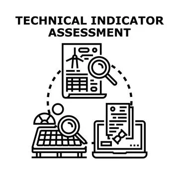 Technical indicator assessment process evaluating performance data Stock Illustration