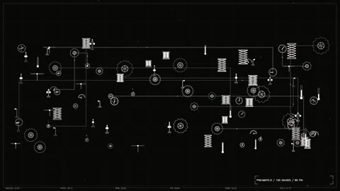 Technical Industrial Schematic HUD Display with Moving Mechanical Parts and.. Stock-Footage 334091892