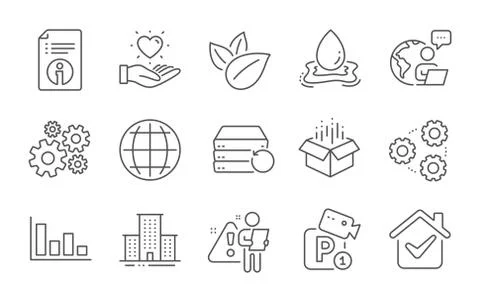 Technical info, Parking security and Cogwheel icons set. Open box, Organic 스톡 일러스트