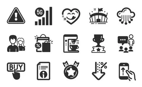 Technical info, Ranking star and Yummy smile icons set. Low percent, Couple and Illustrazione stock