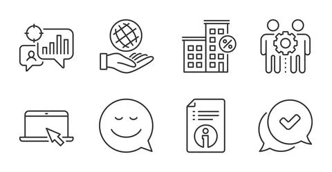 Technical info, Smile and Loan house icons set. Portable computer, Employees Illustrazione stock