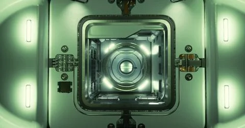 Technical interior of a modern device illuminated with bright lights Stock Illustration
